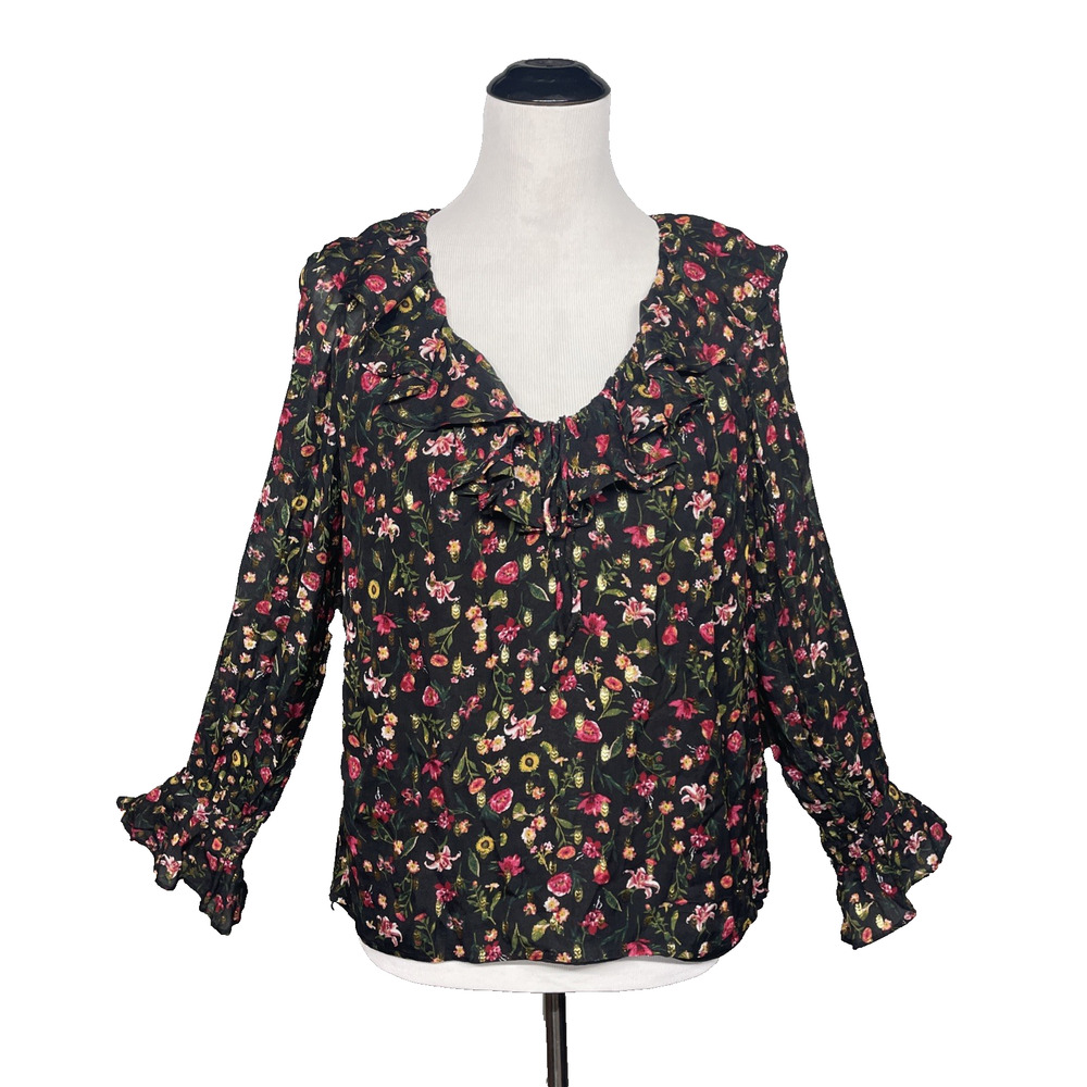 J Crew Womens S Ruffle V-Neck Top Midnight Vintage Floral Metallic Whimsy Fairy